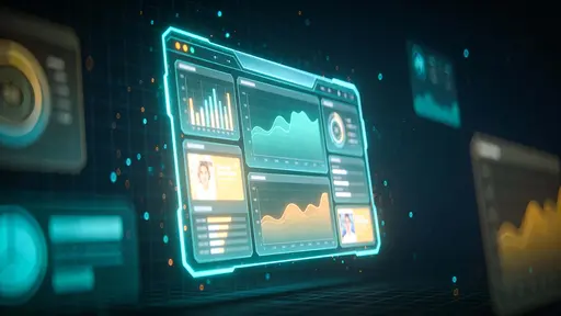 A single large holographic marketing dashboard floats in deep darkness, its UI glowing in layered neon cyan and amber with charts and visual ad components as soft volumetric light drifts around it.