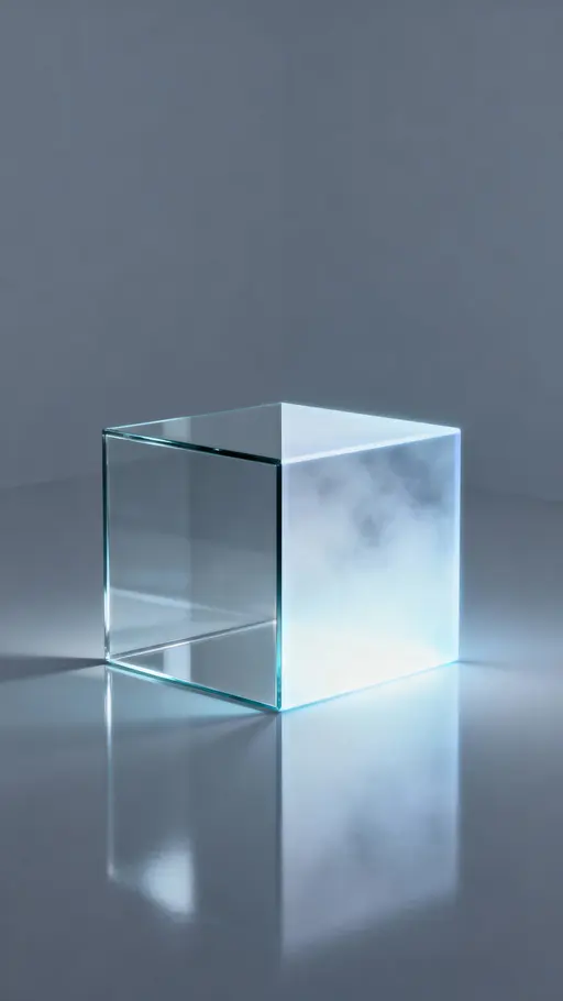 A split-half holographic cube sits centered on a clean reflective surface in a cool minimal environment, one half clear glass and the other glowing with pale, fog-like light.