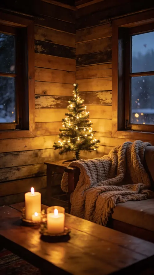 A warm Darjeeling homestay interior on Christmas night with wooden walls, a small tree twinkling with warm fairy lights, candles on the table, blankets on the sofa, and a window revealing a misty cold night outside.
