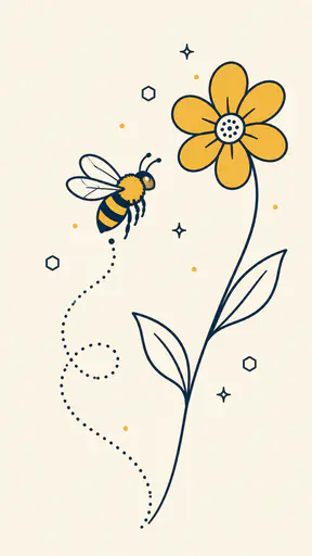 A plump honeybee with golden yellow stripes flies a dotted looping path toward a single yellow flower in navy monoline with golden fills on a cream ground with tiny hexagons.