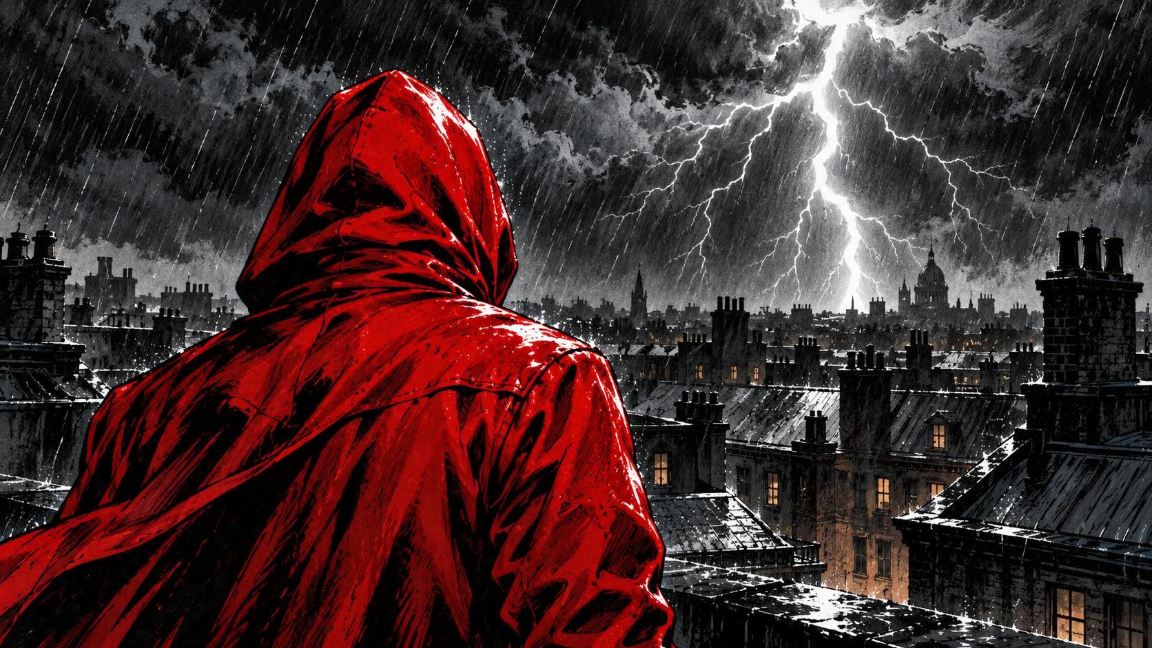 A hooded figure in a red jacket seen from behind beneath a lightning-lit night sky over rooftops.