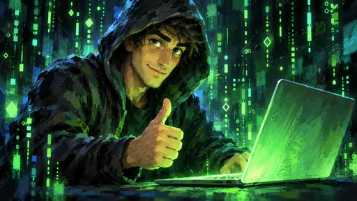 A hooded figure giving a thumbs-up next to a laptop with glowing green code around them.