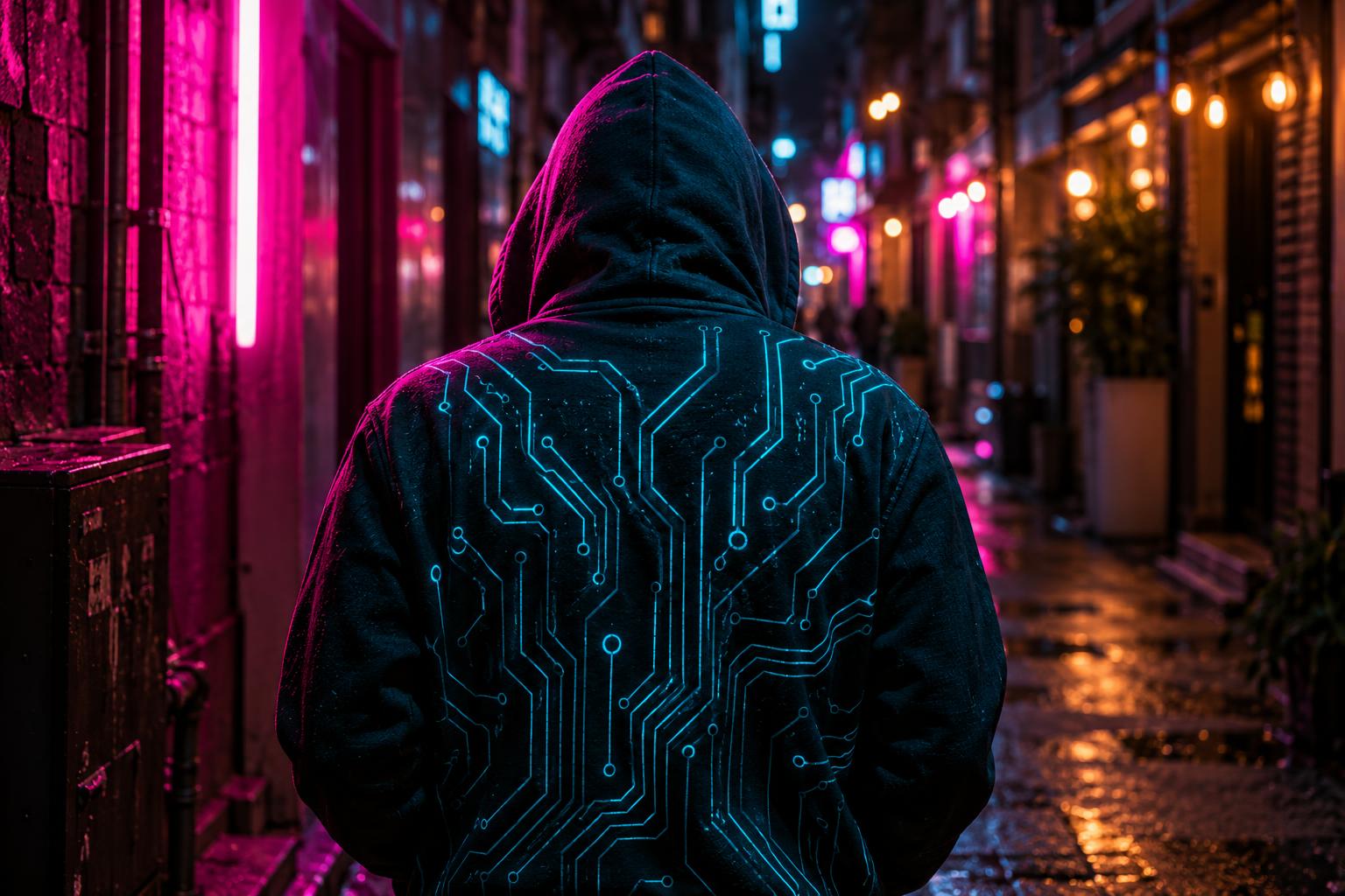 An adult seen from behind in a dark teal hoodie with the hood up and a glowing cyan circuit board pattern on its back stands in a narrow night alley with warm hanging bulbs and blurred neon signs.
