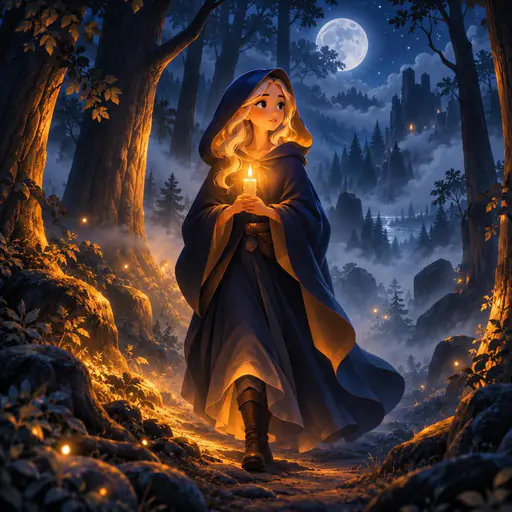 A hooded woman holding a candle in a misty forest at night.
