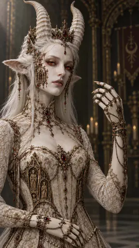 A pale horned queen wears a ruby-set crown and ornate ivory-and-bronze regalia, with white hair, articulated gauntlets, and soft architectural shadows.