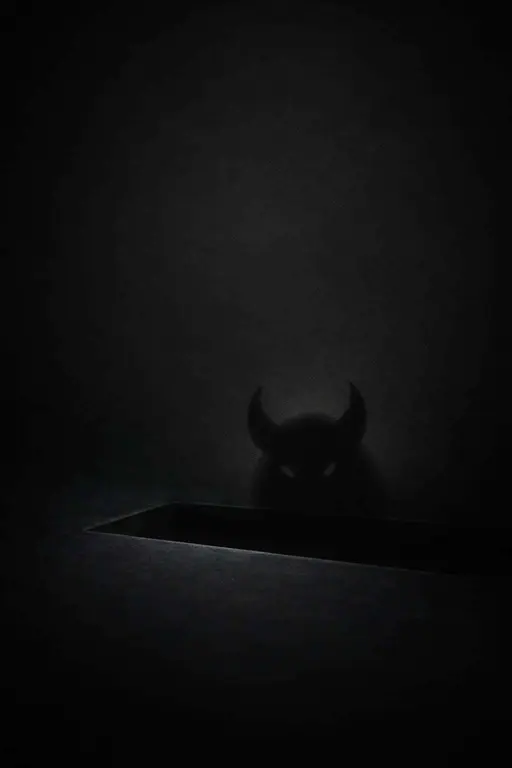 Horned sprite silhouette hinted through a faintly lit bevel on a minimal charcoal background with subtle grain and soft vignette, lower third left of center, clean surfaces.