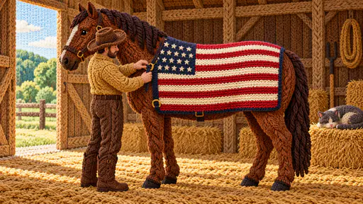 Horse in a woven flag blanket with canton at the shoulder while a rancher adjusts the strap.