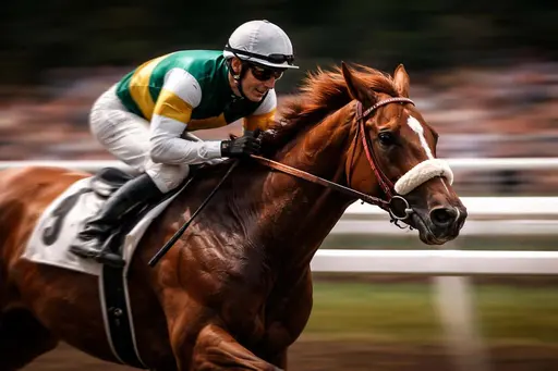 Wide 3:2 sports photograph of a leading chestnut horse and smiling jockey in a classic side pan, sharp faces with streaked rails and crowd, deep charcoal shadows and warm amber highlights.