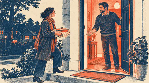 An adult host holds an open front door and extends a welcoming hand to a visiting adult stepping onto the threshold with a towel wrapped casserole beside a welcome mat and a potted plant.