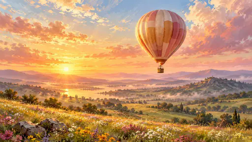 A single colorful hot air balloon floats over a wide green field of wildflowers at sunrise with soft clouds and distant hills.