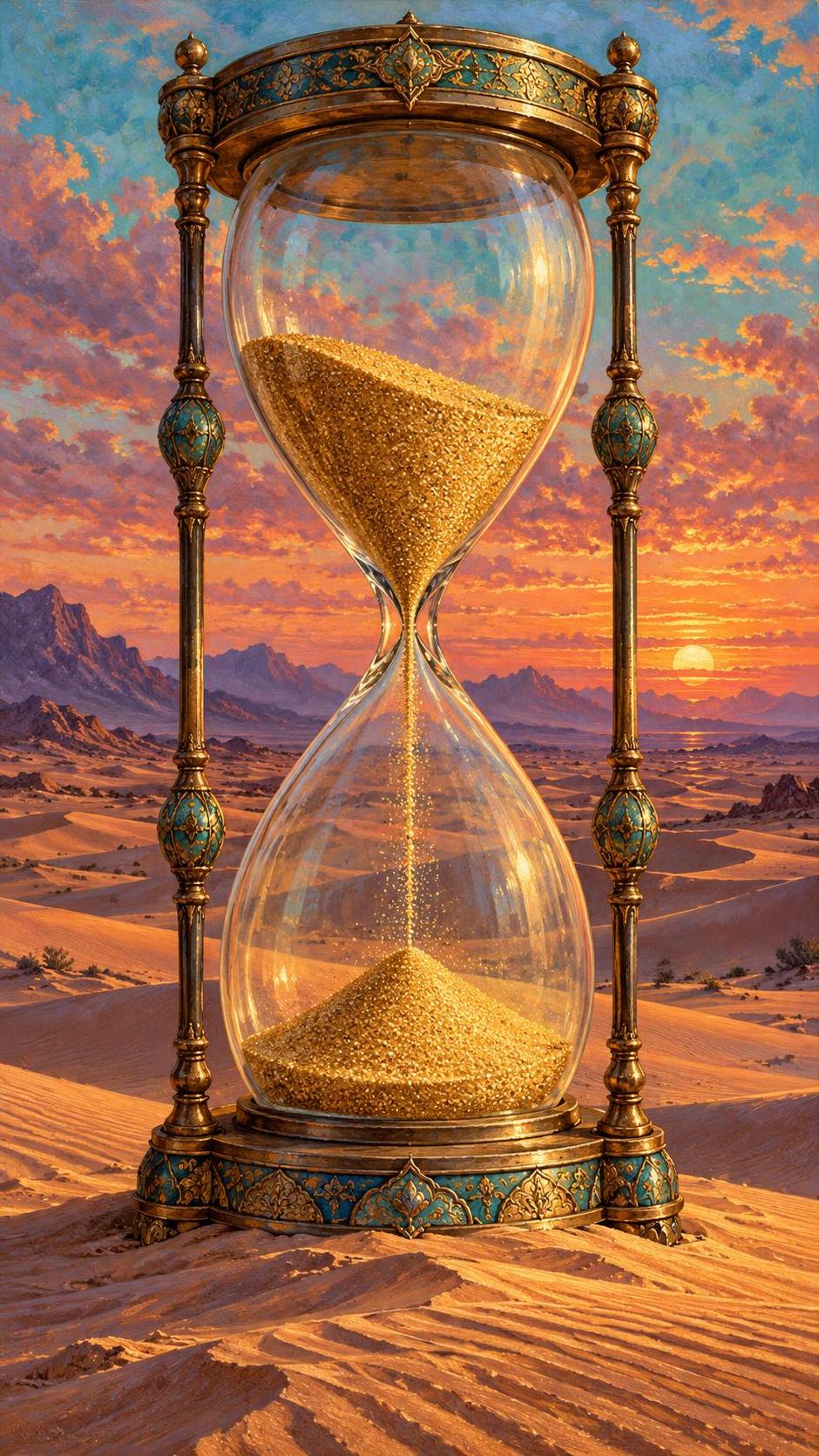 A tall antique hourglass stands on rippled desert dunes with golden sand pouring through its neck under an amber and rose sky at dusk with long shadows over the dunes.