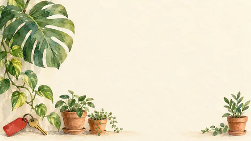 A wide cream watercolor card background with a large monstera leaf and a variegated pothos vine down the left edge, a brass key on a red tag, three terracotta potted plants along the bottom, a small potted plant at the lower right and a large empty centre.