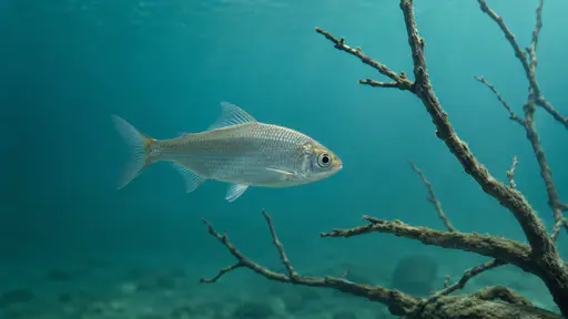 One plain silver fish hovers almost still beside a bare submerged branch in clear blue-green water, its fins gently fanning.