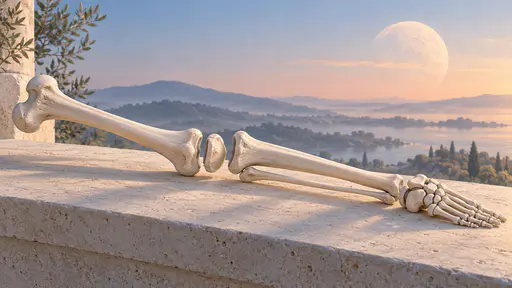 The bones of an adult human leg, femur, kneecap, tibia, fibula and foot bones, lie on a pale stone ledge under a large ivory moon in soft morning light.
