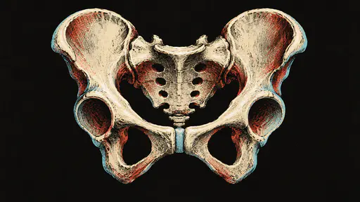 An adult human pelvis seen from the front floats on black paper in flat ivory, vermilion and pale cyan spot inks with hatch marks.