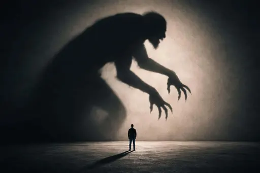 A 3:2 fine-art photographic study of a human shadow stretched into a monster silhouette, low-key cinematic lighting and graphic negative space designed for poster-cover use.