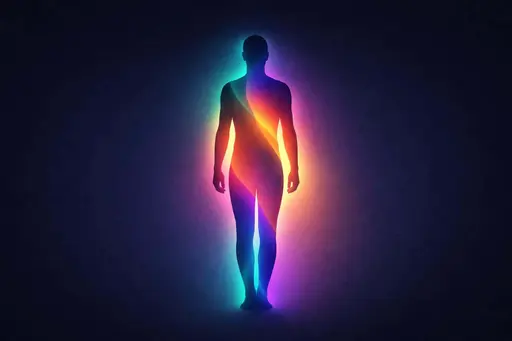 Human silhouette as a digital-painting with animated-style moving gradients, composed for a 3:2 wallpaper layout with soft glow and subtle texture for screens.