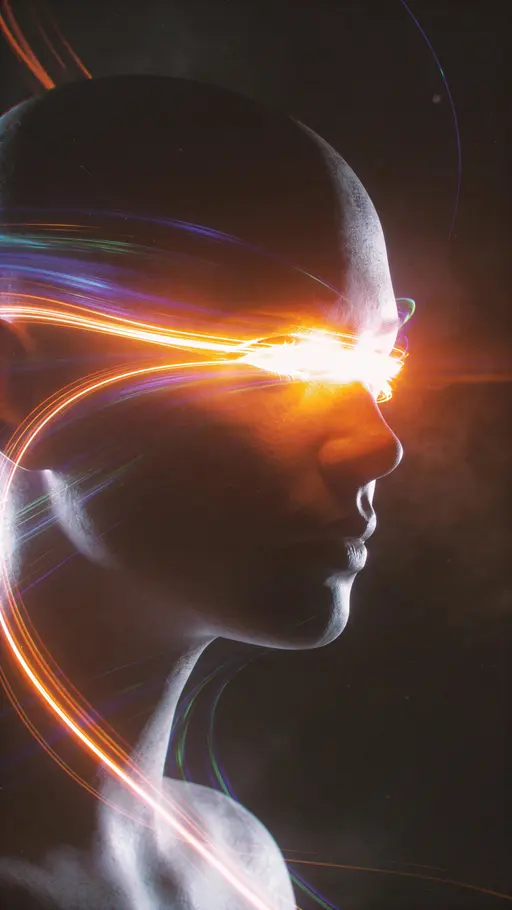 A vertical 9:16 digital painting of a human profile dissolving into flowing light ribbons, glowing eye-band and motion-blurred energy trails in a dark, cinematic atmosphere.