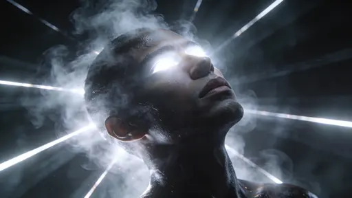 A human face tilted upward in a 16:9 head-and-shoulders portrait, eyes replaced by blinding white light surrounded by mist and volumetric beams, cinematic ultra-detailed skin.