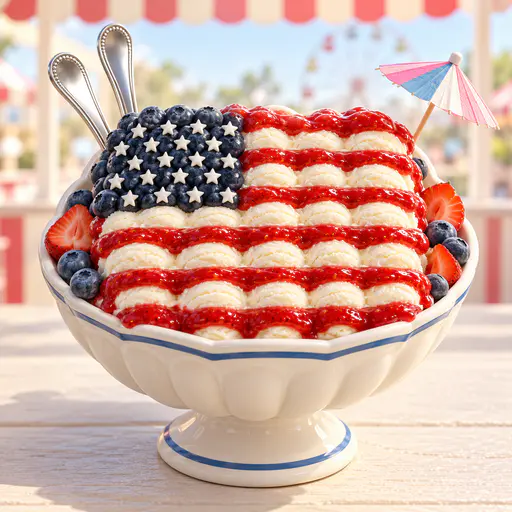 Fairground sundae bowl with vanilla scoops and strawberry stripes under a blueberry canton mound.
