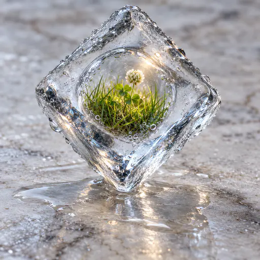 A single clear ice cube balances on one corner on a pale stone table with a thin melt pool beneath, a dry patch of sunlit grass and one white clover sealed inside a sharp bright air pocket under cold light.