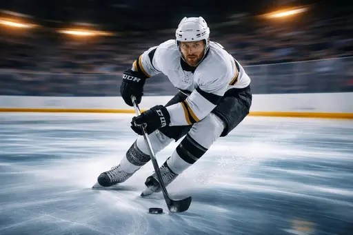 Rink-level 3:2 action shot of a thirty-something ice hockey player sprinting on skates, panned so head, shoulders and stick stay crisp while rink and lights streak horizontally.