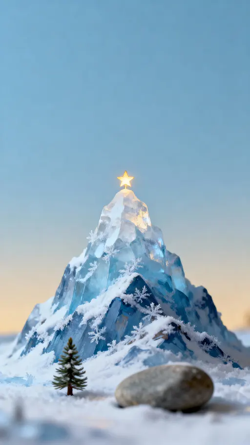 A micro-sized icy mountain stands centered within a 9:16 vertical frame, capped by one little glowing star and bathed in cool, gentle light to evoke quiet wonder.