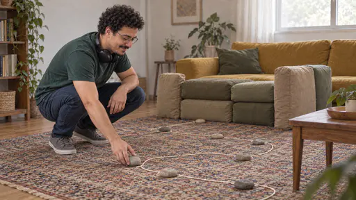 A tall man with round glasses and headphones round his neck crouches to place a round stone along a winding string route on a rug beside a low wall of stacked sofa cushions in bright light.