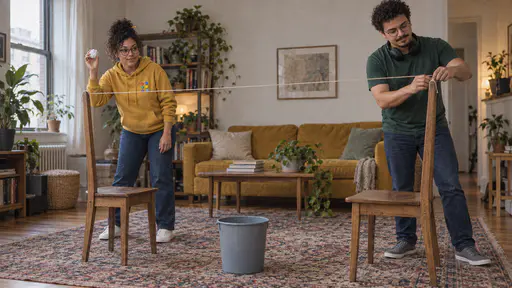 A tall man with round glasses and headphones round his neck stretches a length of string between two chair backs while a woman with round glasses and a curly bun holds a rolled paper ball and eyes a plain bucket at the far end of the rug.