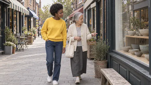 A young woman with a short natural afro in a yellow sweatshirt and a very small elderly woman with a silver bun and a cloth bag stroll side by side along a narrow shopping street glancing into a window of ceramic bowls in warm late-morning light.