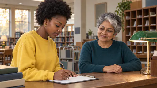 A young woman with a short natural afro in a yellow sweatshirt writes with a pen on a blank paper form on a clipboard at a wooden library counter while a petite woman with short silver hair in a teal sweater waits patiently beside her with folded hands.