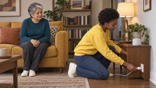 A young woman with a natural afro in a yellow sweatshirt kneels beside a wooden side table plugging a small white smart speaker into a socket with a short cable while a petite older woman with silver hair in a teal sweater watches from the sofa in warm evening light.