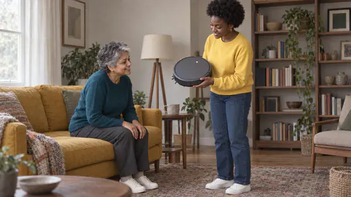 A young woman with a natural afro in a yellow sweatshirt holds up a small round matte grey robot vacuum in both hands for a petite older woman with short silver hair in a teal sweater who leans forward on the sofa with a fascinated smile.