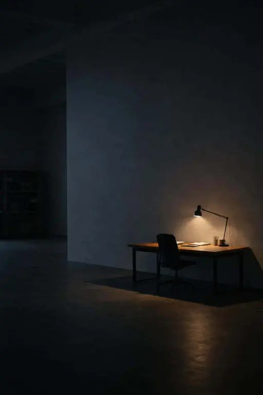 A large, mostly empty 2:3 workspace interior photographed as an editorial interior photography scene with one illuminated workstation and dramatic negative space.