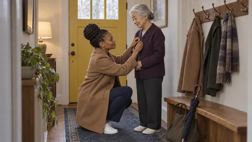 A tall woman with twists crouches fastening the top button of a small elderly woman's plum cardigan on a blue hallway runner in warm lamplight with a shoulder bag and a folded umbrella beside them.