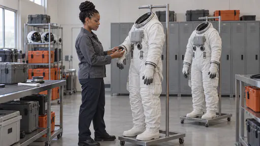 A tall woman with tight twists in a high knot in a grey work jacket presses the cuff ring of a glove on a plain white one-piece flight suit hanging from a steel stand beside a second suit and grey equipment lockers in bright even light.