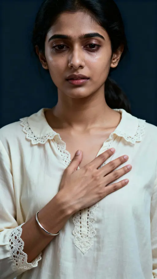 An intimate chest-up studio portrait of a 29-year-old Indian woman with alabaster skin and dark hair, wearing a cream lace blouse and silver bracelet, hand over her heart against midnight navy.