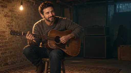 A bearded man with wavy dark hair in a grey sweater playing an acoustic guitar on a stool, one bare bulb above, brick walls and an amplifier in teal shade.