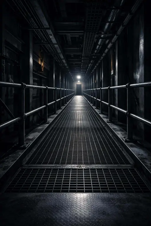 Industrial corridor in vertical 2:3 architectural photography emphasizing strong leading lines, deep perspective, metal textures and directional lighting.