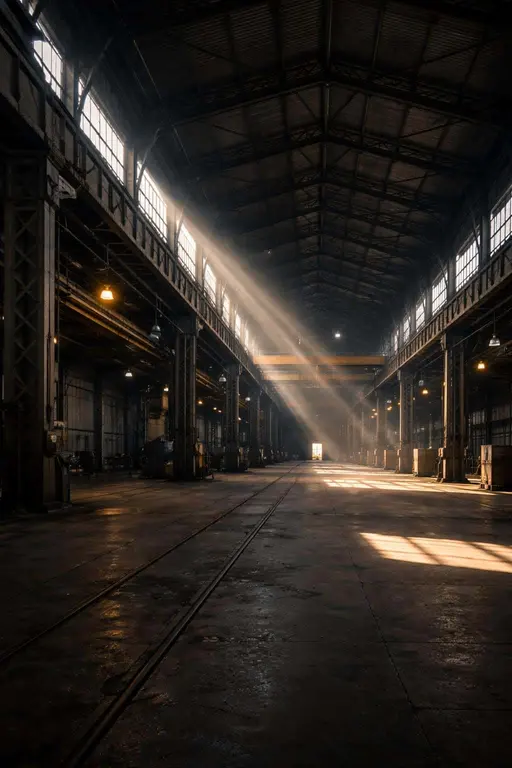 Wide industrial hall photographed as an architectural interior scene with dramatic shafts of light cutting through dust, composed for a tall 2:3 poster format.