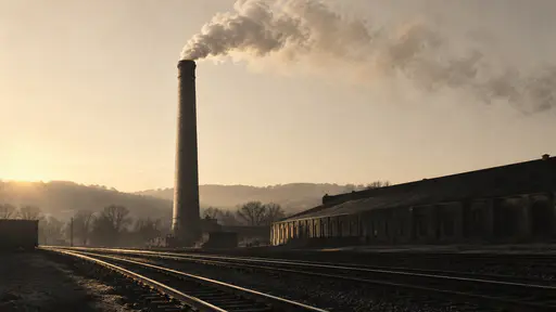 A tall brick industrial smokestack at dawn sends a white plume leaning on the wind above a quiet railway yard in creamy and charcoal grain tones.