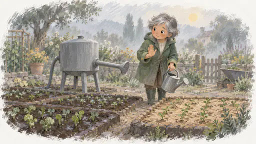 A woman with short grey hair in a green raincoat shakes her head gently with a smile and holds up a flat hand as a plain four-legged grey watering machine points its spout at a bed of seedlings in a misty garden.