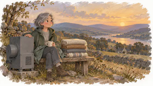 A woman with short grey hair in a green raincoat sits on a bench beside a switched-off plain grey machine and a stack of folded blankets, a mug of tea in one hand and the other resting on the machine, looking out at hills in warm dusk light.