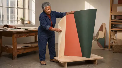 A wide studio scene tests Inez’s identity, body proportions, hands, wardrobe change, and physical interaction with a three-panel sculpture.