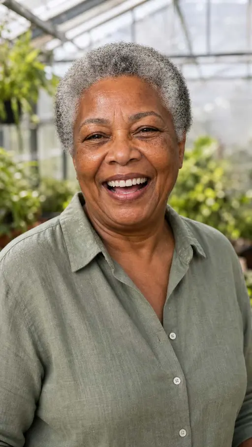 A candid greenhouse portrait tests whether an expressive laugh preserves Inez’s age, facial structure, skin detail, and silver coils.