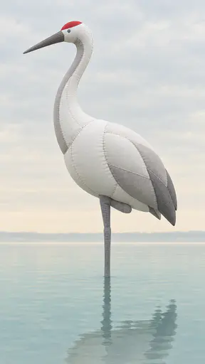 A tall fabric inflatable crane on one leg in still shallow water, S-curved neck, red cap patch, stitched seams along the neck and belly, reflection beneath.