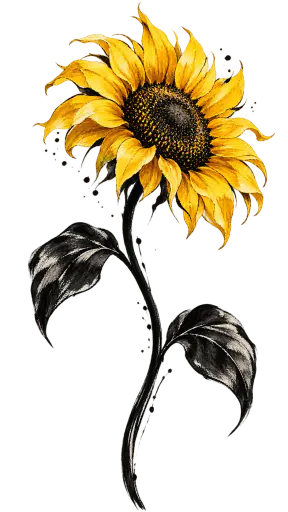 A single sunflower with a curved stem and two broad leaves in flowing black ink brush strokes with golden yellow petal washes and fine splatters, isolated on a transparent background.