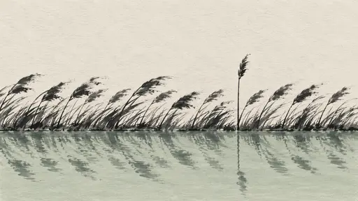 A long band of wind-bent ink reeds leans one way across the middle of textured paper, each reflected once in a still pale celadon pond band, while one single tall reed stands upright against the lean with its reflection the only vertical mark in the water.