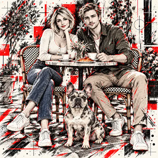 A scratchy ink illustration with red splashes shows a woman and a man seated at a cafe table with coffee, a croissant and flowers, with a mottled French bulldog sitting in front.