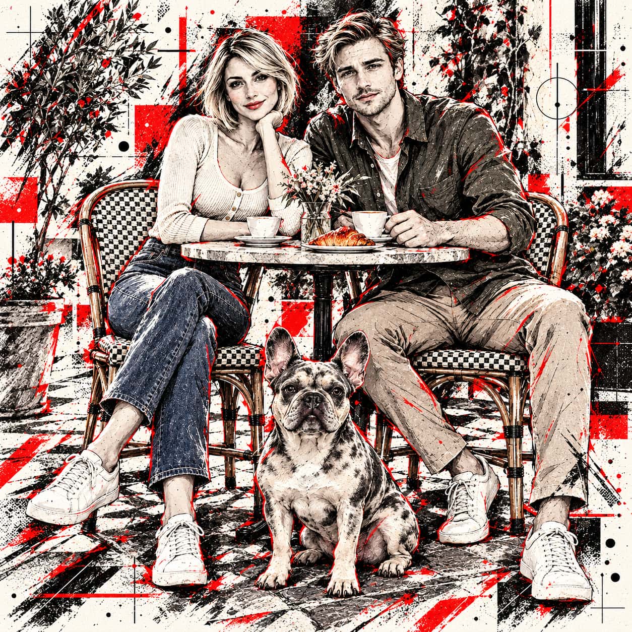 A scratchy ink illustration with red splashes shows a woman and a man seated at a cafe table with coffee, a croissant and flowers, with a mottled French bulldog sitting in front.